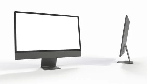 White background with realistic 3D computers, with a white screen Stock Illustration