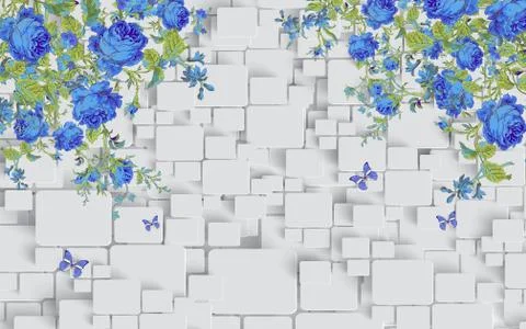 White background, rectangles, blue fabulous flowers, blue butterflies Stock Illustration