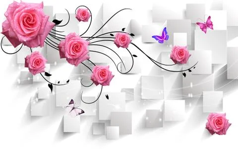 White background, rectangles, large pink roses, flying butterflies Stock Illustration