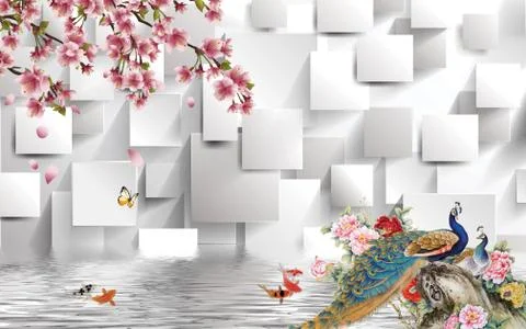 White background, rectangles, peonies, peacocks, goldfish, pink flowers Stock Illustration