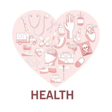 White background with red color sections of silhouette heart shape with elements Illustrazione stock