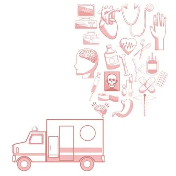 White background with red color sections of silhouette ambulance with elements Stockillustratie