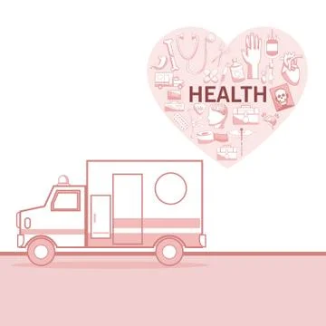 White background with red color sections of silhouette ambulance car and heart Stock Illustration