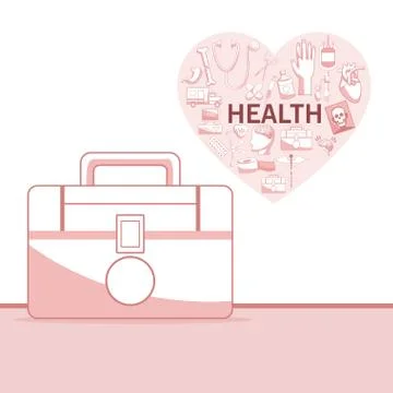 White background with red color sections of silhouette closeup first kit aid Illustrazione stock