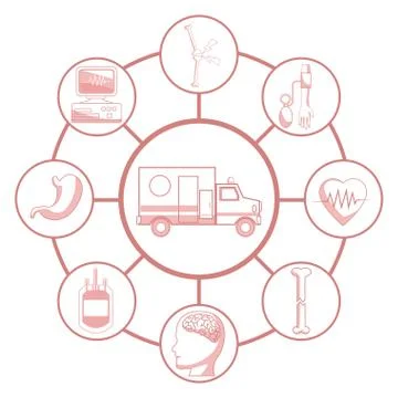 White background with red color sections of silhouette ambulance car connected Stock Illustration