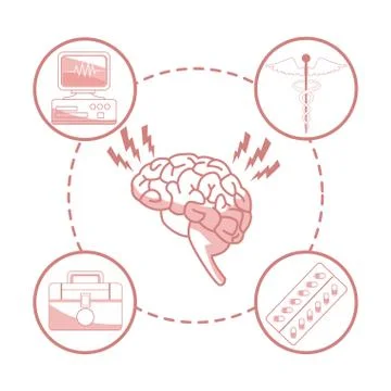 White background with red color sections of silhouette brain organ with circular Stock Illustration