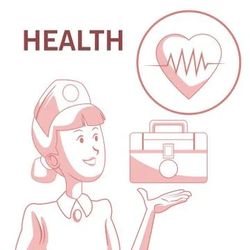 White background with red color sections of silhouette nurse with first kit aid Stock Illustration