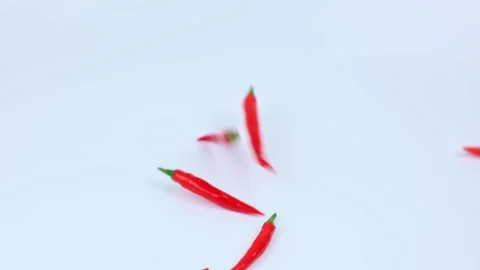 On a white background, red hot chilli peppers fall from above and remain lying Stock Footage 307167957