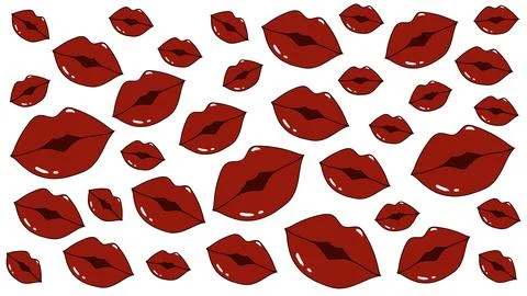 White background with red lips, background with patterns in the form of lip Stock Illustration