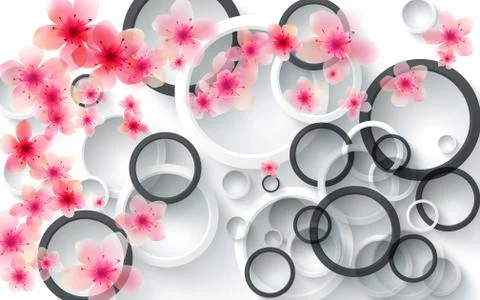 White background, rings, lots of small and large pink flowers Stock Illustration