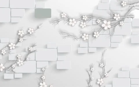 White background, rounded rectangles, abstract white flowers on branches Stock Illustration