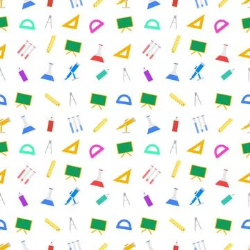 White background for school Seamless pattern with colored school supplies ... Stock Photos