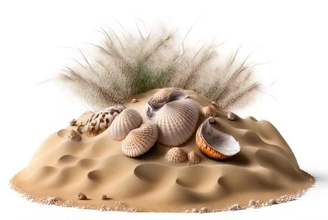 On a white background, seashells are separated in a sand mound. Generative AI Stock Illustration