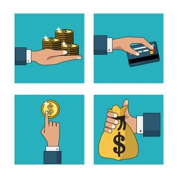 White background with set of frames with cash payments and credit card Illustrazione stock
