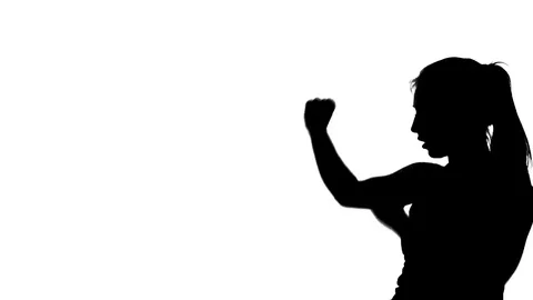 Shadow Boxing. Black Silhouette on a White Background, Sports