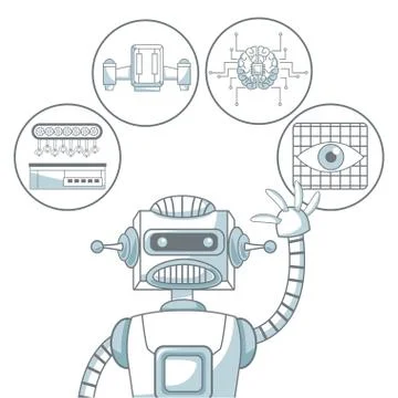White background with silhouette color sections shading of robot and elements Stock Illustration