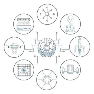 White background with silhouette color sections shading of brain with circuits Stock Illustration