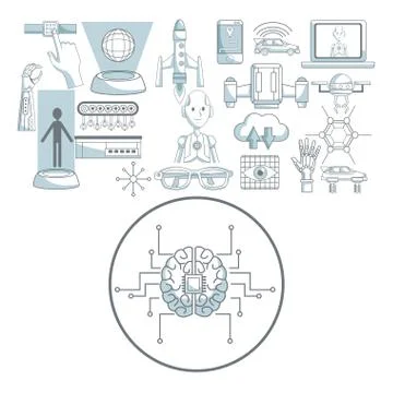 White background with silhouette color sections shading of circular frame brain Stock Illustration