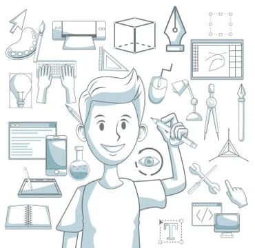 White background with silhouette color sections shading of guy with pencil and Illustrazione stock