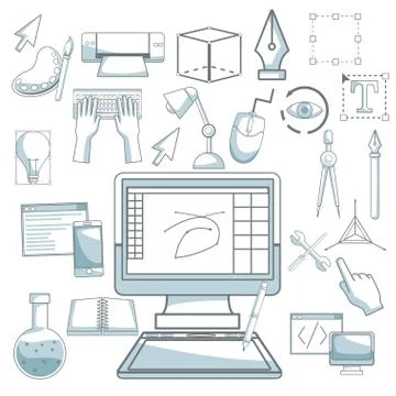 White background with silhouette color sections shading of desk computer device Illustrazione stock