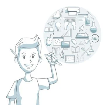 White background with silhouette color sections shading of guy designer with Stock Illustration