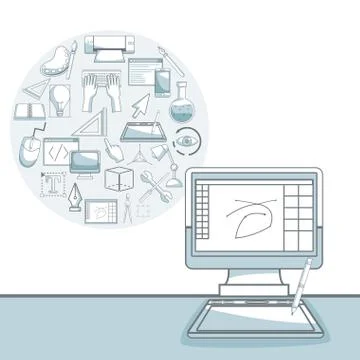 White background with silhouette color sections shading of desk computer with Illustrazione stock