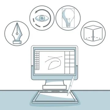White background with silhouette color sections shading of desk computer with Illustrazione stock