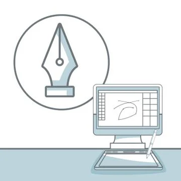 White background with silhouette color sections shading of desk computer with Illustrazione stock