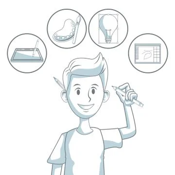 White background with silhouette color sections shading of guy designer and Stockillustratie