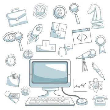 White background with silhouette color sections shading of desk computer and Illustrazione stock