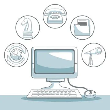 White background with silhouette color sections shading of desk computer with Illustrazione stock