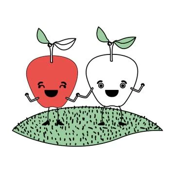 White background with silhouette color sections with pair of apple fruits Ilustração Stock