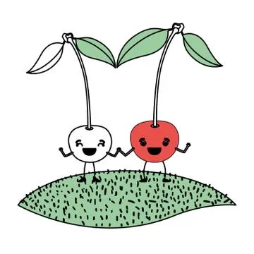 White background with silhouette color sections with pair of cherry fruits Ilustração Stock