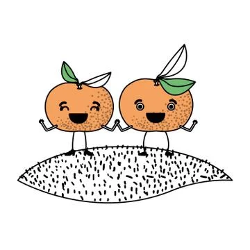 White background with silhouette color sections with pair of tangerine fruits Ilustração Stock