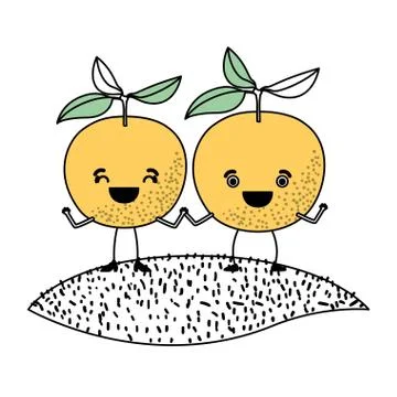 White background with silhouette color sections with pair of orange fruits Ilustração Stock