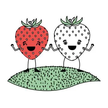 White background with silhouette color sections with pair of strawberry fruits Ilustração Stock