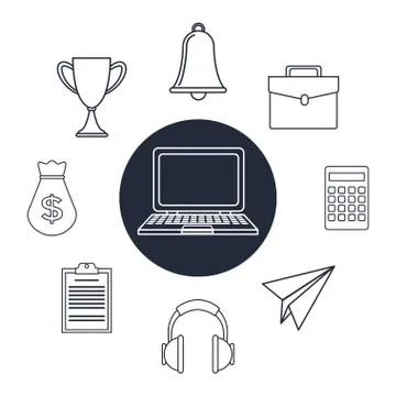 White background with silhouette tech laptop set icons elements office around Illustrazione stock