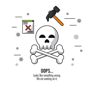 White background with skull and bones in closeup and hammer and error window Stock-Illustration