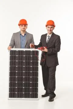 White background solar battery builder Stock-Fotos
