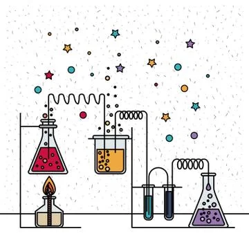 White background with sparkles and scene of chemical laboratory with an Stock Illustration
