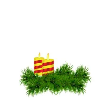 White  background with spruce twig and candles. Stock Illustration