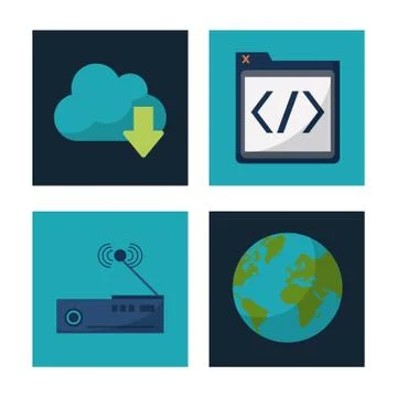 White background with square frames graphics of cloud service and html code and Stock-Illustration