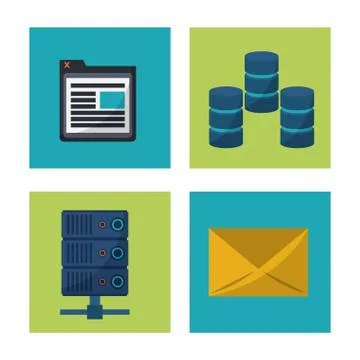 White background with square frames graphics with icons of computer server and Illustrazione stock