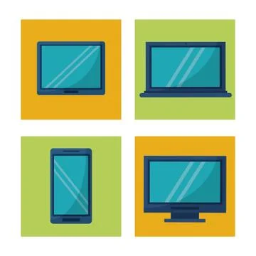 White background with square frames graphics with icons of tech devices computer Stock Illustration