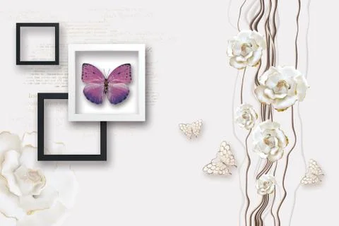 White background, square frames, lilac butterflies, white gilded rose buds Illustrazione stock