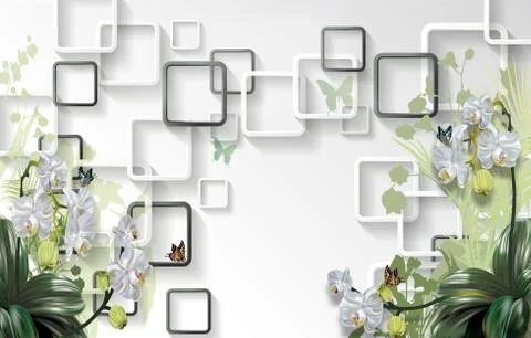 White background, square frames, white orchids with green leaves Stock Illustration