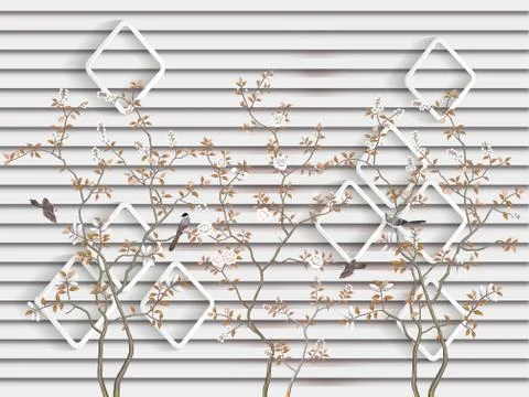 White background, stripes, white frames, thin trees, birds Stock Illustration