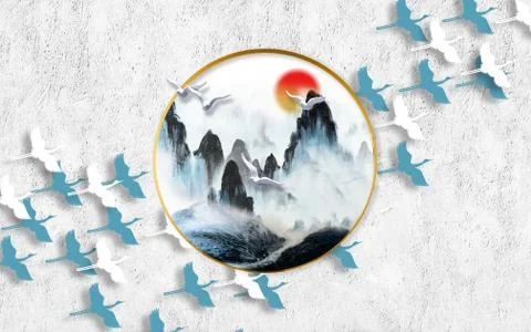 White background, sunset in a round frame, contours of cranes, polygonal birds Stock Illustration