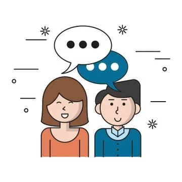 White background with teamwork couple with bubble speech Illustrazione stock