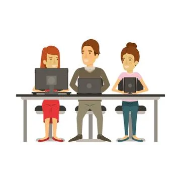 White background with teamwork sitting in desk with tech devices Stock Illustration